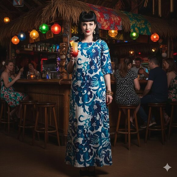 Vintage  60s Hawaiian Barkcloth Maxi Dress Tiki Kahili Honolulu Peekaboo Sleeves - Picture 12 of 12